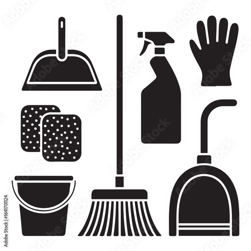 Broom bucket spray bottle vacuum cleaner dustpan sponge gloves cleaning liquid vector. Vector black silhouette. with white background.