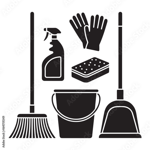 Broom bucket spray bottle vacuum cleaner dustpan sponge gloves cleaning liquid vector. Vector black silhouette. with white background.
