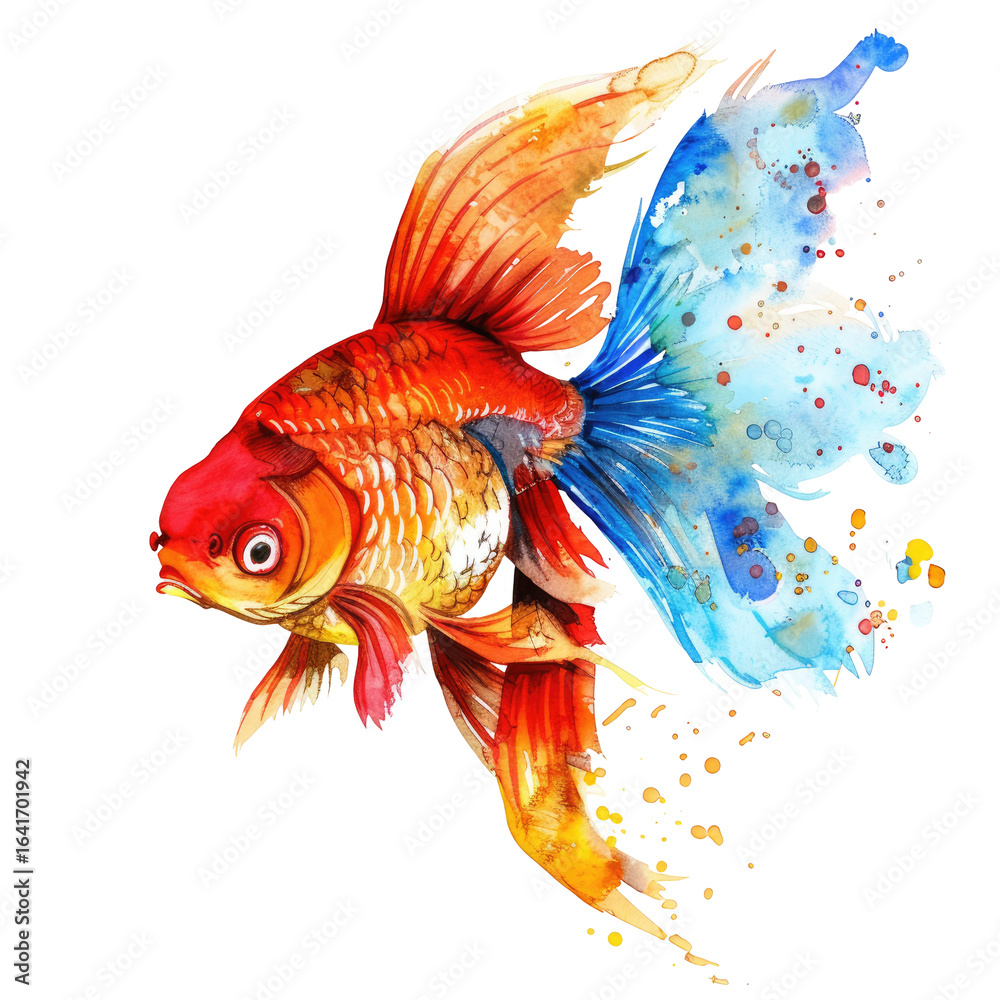 Fototapeta premium Colorful goldfish art, aquatic theme, vibrant fins, splash background, aquarium design
