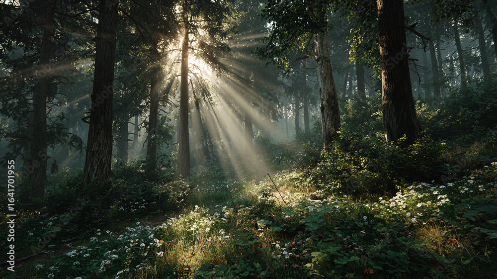 Naklejka premium A vibrant forest background with sparkling light, creating a magical and luminous ambiance in nature.