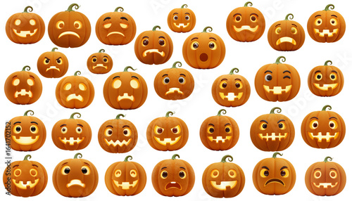 Collection of Halloween pumpkins with various facial expressions, set