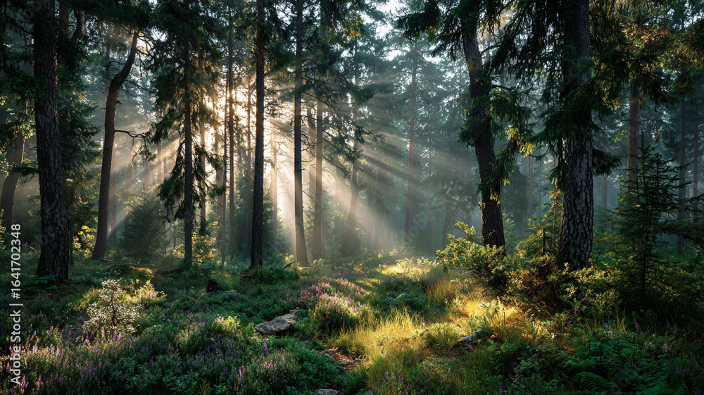 Fototapeta premium Sunlight peeking through the tree branches, creating a beautiful and serene pattern of light and shadow.