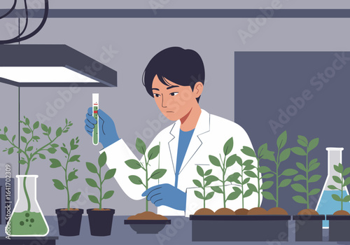 A focused scientist examines seedlings in a lab, utilizing a test tube. The scene showcases plant research and scientific experimentation.  Clean, modern aesthetic.