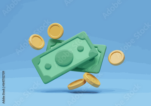 Dynamic 3D illustration of flying green banknotes and golden coins against a bright blue background, perfect for financial concepts and marketing.