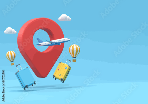 Embark on your next adventure with exciting travel elements including a prominent location pin, airplanes, hot air balloons, and luggage, perfect for inspiring wanderlust and vacation planning.