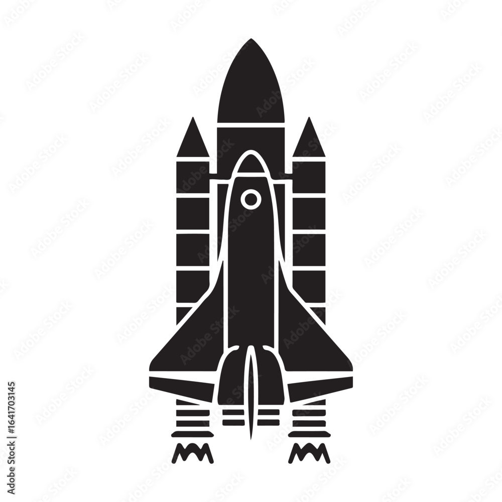 Fototapeta premium Black spacecraft and rocket icons shuttle travel illustration. Vector black silhouette. with white background.