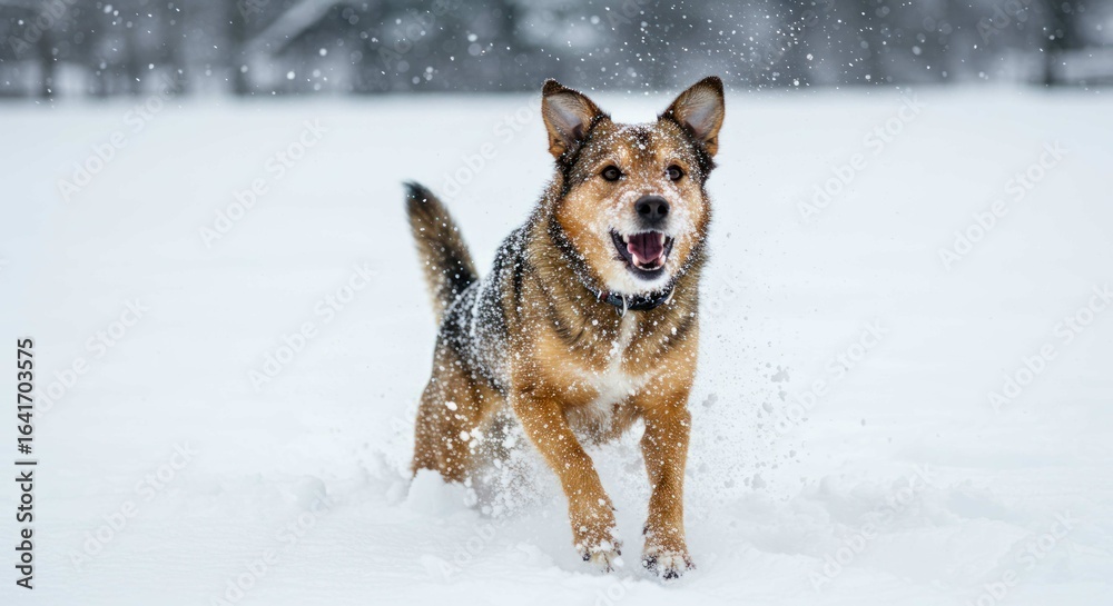 Naklejka premium Dog runs through snowy field with trees blurred in the background.
