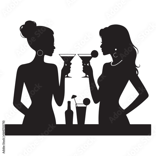 Two women holding martini glasses at a bar drinks silhouette and line art illustration. Vector black silhouette. with white background.