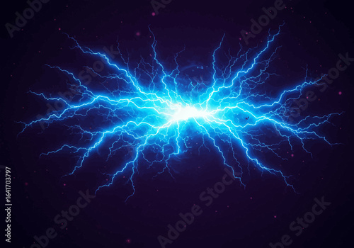 Dynamic blue lightning strikes across a dark cosmic background with glowing particles, illustrating powerful energy and natural forces for science and technology themes.