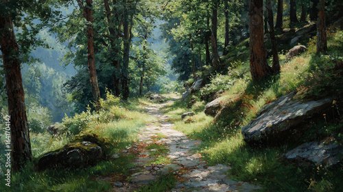 A cool and refreshing forest path, perfect for a peaceful walk amidst the serene and calming trees.