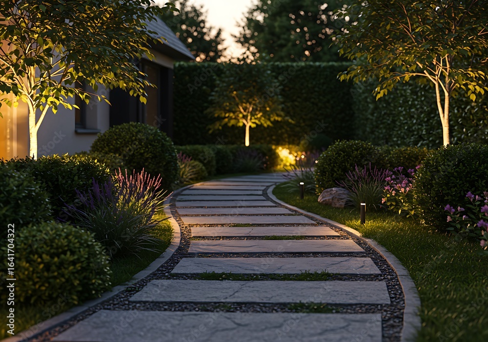 Fototapeta premium Illuminated garden path at night with surrounding plants and trees