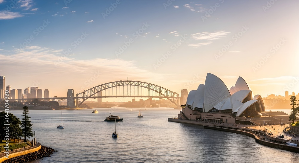 Naklejka premium Sydney Harbour Icons at Golden Hour: Opera House, Harbour Bridge, and City Skyline