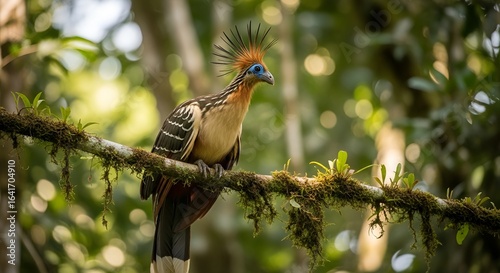 A striking Hoatzin bird perches on a moss-covered branch in the Amazon rainforest. 