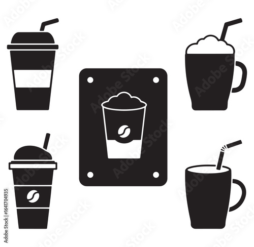 Assorted coffee drinks and beverages in black and white vector illustration design