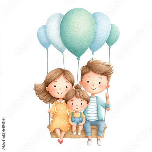 Watercolor Family Portrait on a Swing Suspended by Pastel Balloons