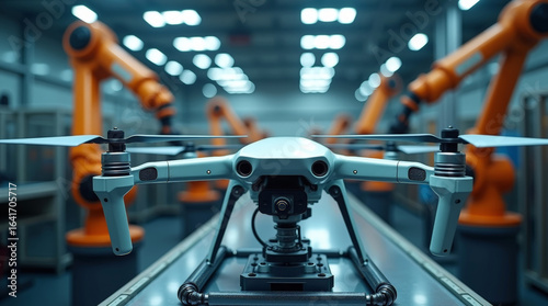 Drone manufacturing with robotic arms in smart factory, high tech industrial automation background