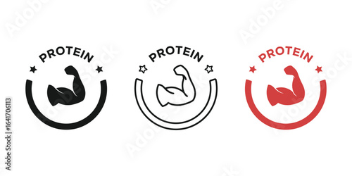 High protein icon. Muscle icon set flat style. Bicep muscle icon. Whey protein fitness logo, badge, symbol, stamp. Fitness nutrition for gym and muscles icon. Vector illustration