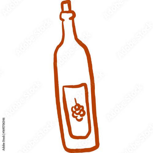 Simple hand-drawn wine bottle illustration with grape label. Sketchy icon for winery, bar, or restaurant menu design. Isolated vector.