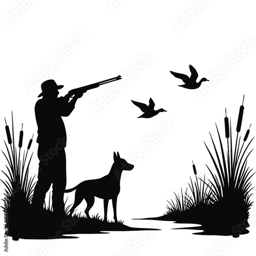 Silhouette of duck hunter aiming shotgun with dog and flying ducks 2