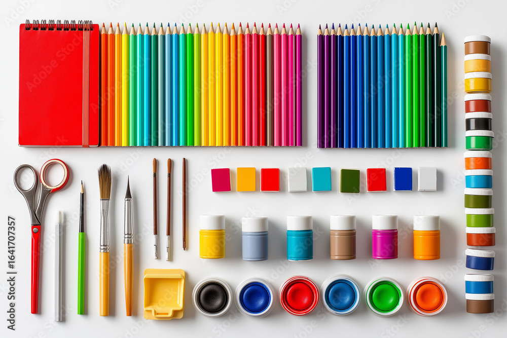 Obraz premium A neatly arranged flat lay of colorful school supplies, pencils, notebooks, scissors, watercolor paints, and rulers, white isolated background