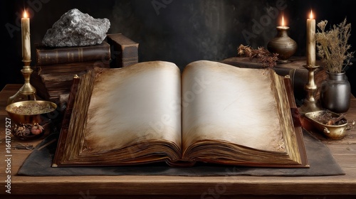 Wallpaper Mural Open Ancient Book With Blank Pages on a Wooden Table Surrounded by Candles and Decorative Metal Objects Torontodigital.ca