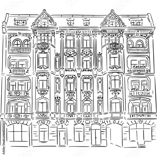 Hand-drawn sketch of an ornate historical building facade. Black and white line art illustration of classic European architecture.