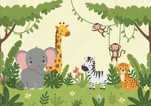 Adorable cartoon jungle safari animals including an elephant, giraffe, zebra, cheetah, and monkeys swinging happily amongst lush greenery and tropical foliage
