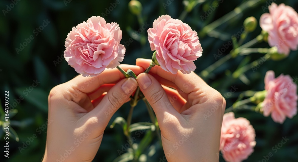 Obraz premium Person's hands gently holding two pink carnation flowers in a garden