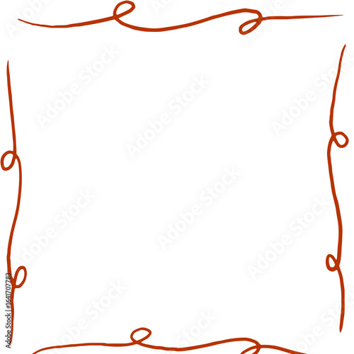 Hand-drawn red curly line border with swirls. Simple doodle sketch frame for creative design, isolated on a white background.