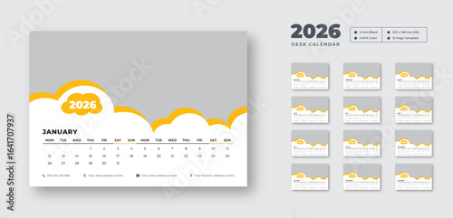2026 modern desk calendar | Printable monthly planner | Week starts on Monday | Editable vector template for digital or print use
