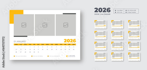 2026 modern desk calendar | Printable monthly planner | Week starts on Monday | Editable vector template for digital or print use