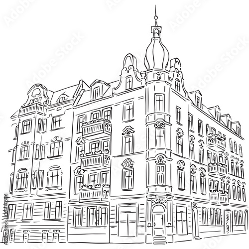 Detailed line art sketch of an old European city building. Hand-drawn vector illustration of classic urban corner architecture.