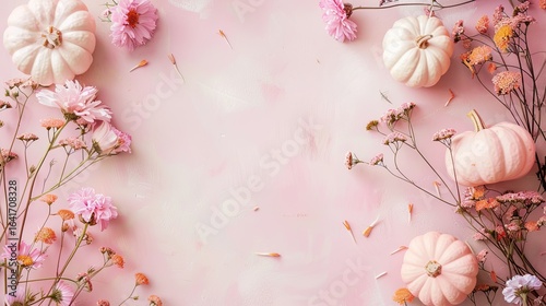 Pastel pumpkins and delicate flowers on pink textured background, copy space.