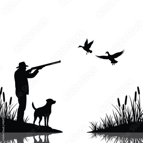 Silhouette duck hunter aims shotgun with dog and flying ducks