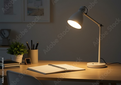 Desk lamp illuminating an open notebook and books at night