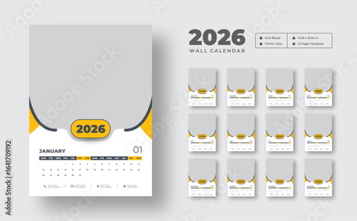 2026 wall calendar template | Clean 12-page monthly planner in vector format | Editable and printable wall design for scheduling