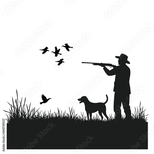 Silhouette of man with shotgun and dog hunting birds in grassy field