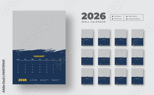 2026 wall calendar template | Clean 12-page monthly planner in vector format | Editable and printable wall design for scheduling