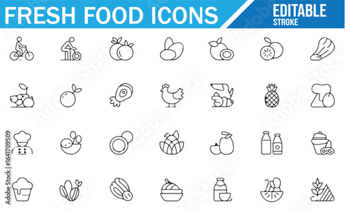  A collection of editable line icons representing fresh food items such as fruits, vegetables, milk, and snacks. Includes items like apples, pineapples, ice cream, and milk. Ideal for nutrition, food,