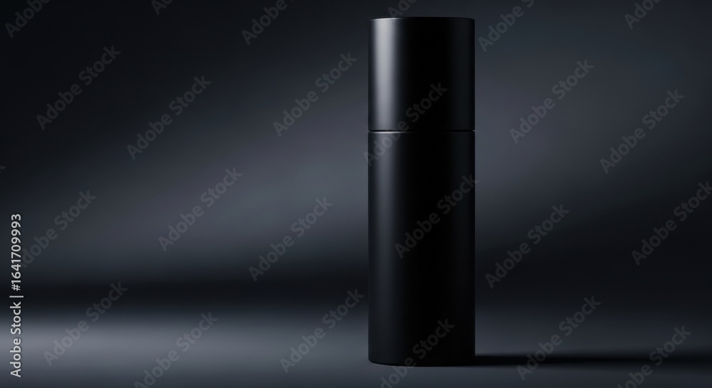 Fototapeta premium Elegant matte black cylindrical bottle for premium skincare products or perfume, shown on a dark, dramatic background.