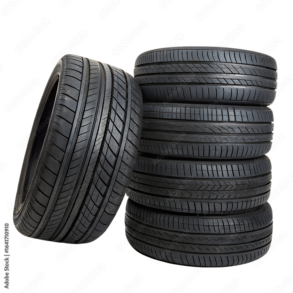 Obraz premium A set of five black car tires. Four of the tires are stacked neatly on top of each other, forming a vertical column. The fifth tire is positioned to the left of the stack.