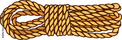 Cartoon groovy corsair and pirate coiled rope featuring thick, twisted, textured strands and and neatly tied, representing strong and durable material used for sailing, ranching and climbing
