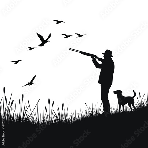 Silhouette hunter with dog aims shotgun at flying birds