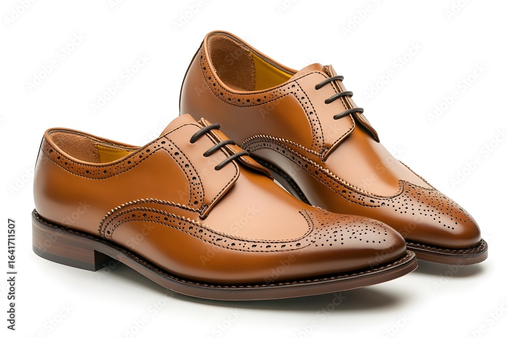 Fototapeta premium Classic tan leather wingtip brogues with intricate perforation and black laces