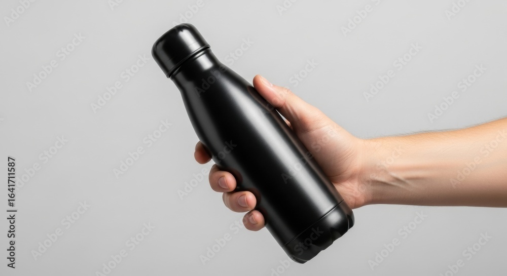 Fototapeta premium Person holding a sleek black thermos bottle for hot or cold drinks, against a plain light grey background.