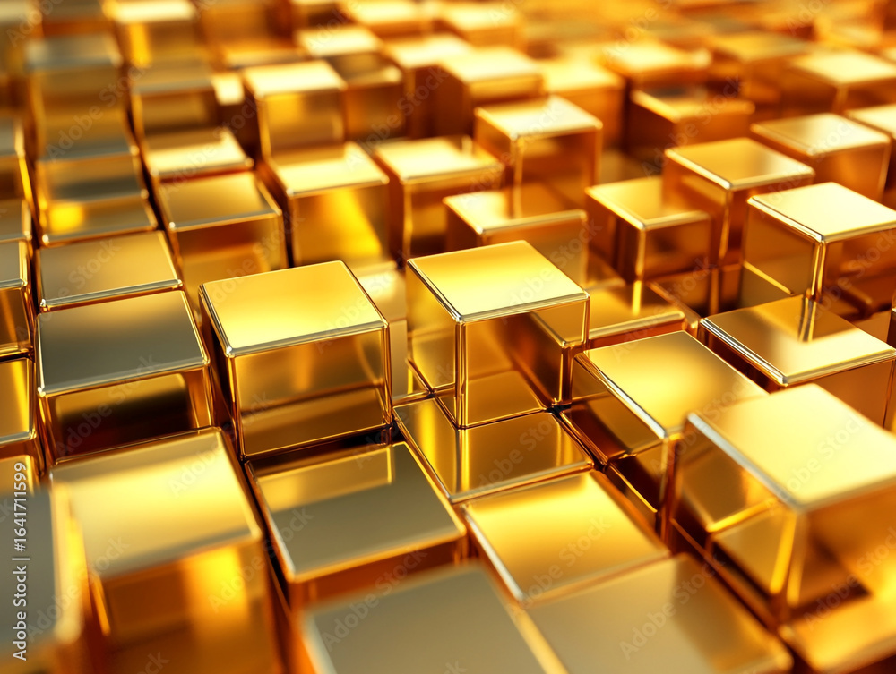 Fototapeta premium A field of glossy golden cubes, all nearly uniform in size and arranged in rows, creating a luxurious and textured background.