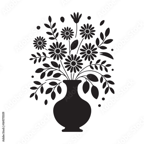 Elegant floral arrangement of daisies and leaves within a decorative black vase. Vector black silhouette. with white background.