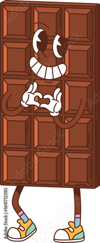 Retro groovy sweet chocolate bar dessert character. Cacao dessert 60s cartoon cute mascot. Dark chocolate whole bar isolated vector retro hippie personage or cocoa sweets funky groovy character