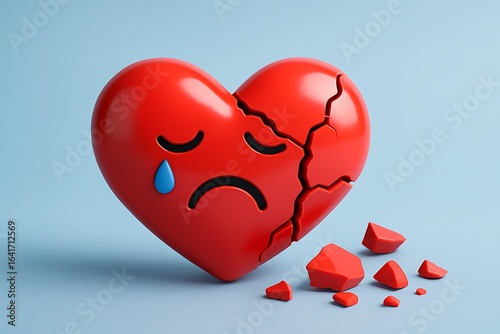Broken red heart with sad face and tears on blue background
