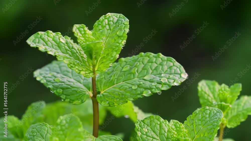 Dewy mint leaves, garden closeup, green background, food/drink Dewy mint leaves, garden closeup, green background, food/drink